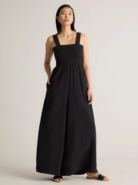 Quince Pants - Quince Cotton Black Smocked Wide-Leg Jumpsuit